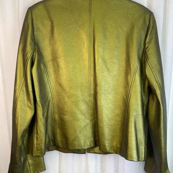 Linda Allard Ellen Tracy Metallic Green Gold Leather Jacket - Picture 9 of 10